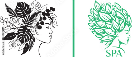 A comprehensive set of feminine vector logos featuring woman profiles and diverse botanical arrangements. Elegant minimalist designs in various colors for beauty, spa, and wellness branding.