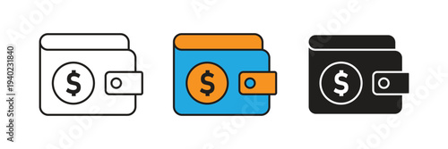 Savings And Dollar Currency Wallet Icons. Wallet icon set with a dollar coin emblem, symbolizing savings accounts, currency exchange, cash management, and financial budget planning.