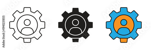 Human Resources And Gear Management Icons. Professional gear icon with a person silhouette, ideal for human resources management (HRM), leadership, administrative settings, and team optimization.