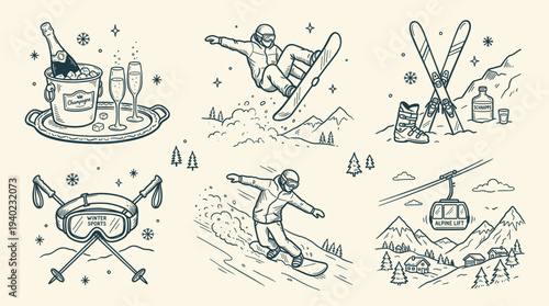 Snowboarding and skiing resort icons, winter sports illustrations, mountain scenery, snowboarders in action, ski lift, goggles, champagne toast, snowy peaks, adventure and recreation concepts.