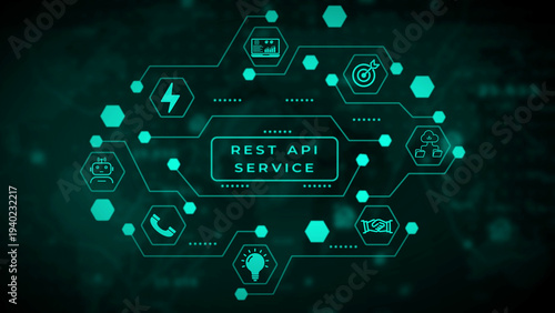 A detailed teal digital network diagram representing aRESTAPI service with interconnected hexagonal nodes featuring for technology business and communication on a dark green background with