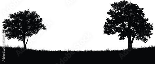 Black silhouette of deciduous trees and grass meadow border landscape isolated on a plain white background for nature vector design.