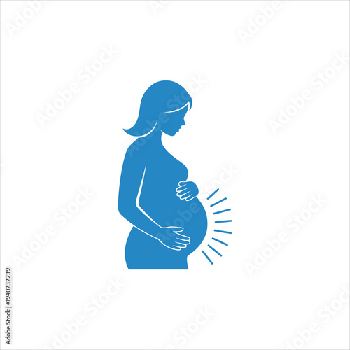 Pregnant woman in blue silhouette with radiant lines, expecting mother