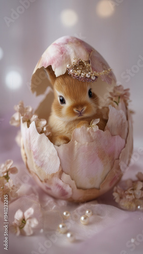 Easter festival rabbit bunny egg shell pearl crown flower pastel scene with gentle joy soft light bokeh background for spring holiday greeting and celebration