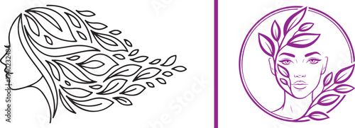 Elegant vector logos featuring women's profiles intertwined with botanical wreaths and organic leaf motifs. Minimalist line art and high-contrast silhouettes representing beauty, spa, and wellness.