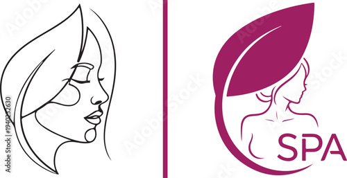 Elegant vector logos featuring women's profiles with botanical hair and laurel wreaths. Minimalist line art and dual-tone silhouettes symbolizing natural beauty, organic wellness, and spa aesthetics.