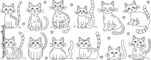 Cartoon cat silhouette icons, striped cats, spotted cats, sitting cats, standing cats, playful feline illustration, pet  