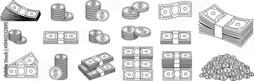 Money silhouette icons, dollar bills, coin stacks, currency bundles, financial design, savings illustration, economy graphic, wealth concept