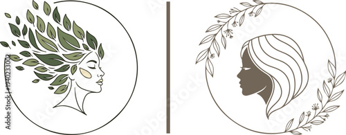 Elegant circular vector logos featuring women's profiles with hair morphing into leaves and botanical wreaths. Minimalist line art and dual-tone silhouettes symbolizing organic beauty and wellness.