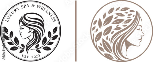 Collection of elegant feminine logos featuring woman profiles and botanical wreaths. Minimalist circular emblems in black and gold, ideal for luxury spa, wellness, and organic beauty branding.