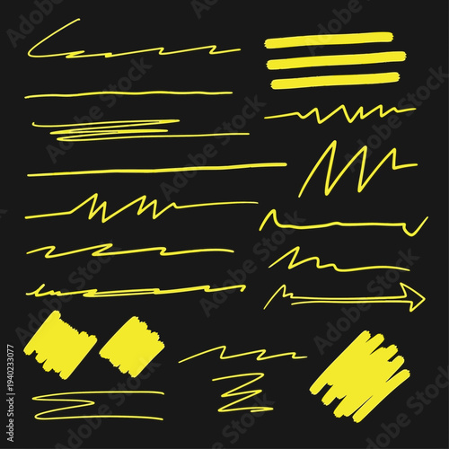 Vibrant set of hand-drawn yellow lines, expressive scribbles, messy underlines, and bold highlight marks. Versatile graphic elements for artistic emphasis and flair in creative projects