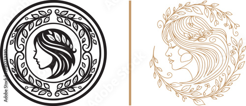 Set of two elegant feminine logos featuring woman profiles with floral wreaths. Minimalist circular emblems in black and gold, perfect for beauty salons, organic skincare, and wellness brands.