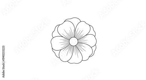 Top-down view of a symmetrical blooming flower head in continuous line art isolated white background