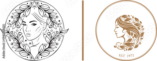 Set of elegant woman face logos in circular frames with organic leaf elements. Minimalist linear vector illustrations ideal for beauty, wellness, and natural skincare branding.