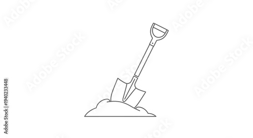 Shovel Sticking in a Pile of Earth, Gardening Tool Concept, Isolated White Background, Continuous Line Art
