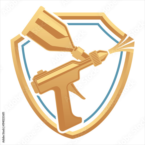 Industrial spray gun spraying golden liquid within golden shield emblem logo