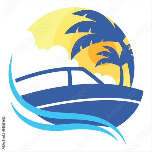 Boat in tropical setting with palm trees and sun in a circular design