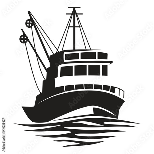 Front view of large fishing boat on water in black and white silhouette