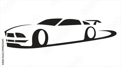 White sports car on a racetrack in sleek black and white minimalist design