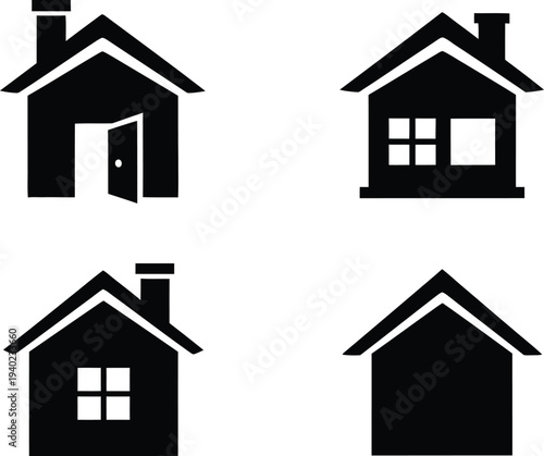 Four simple black and white house silhouettes