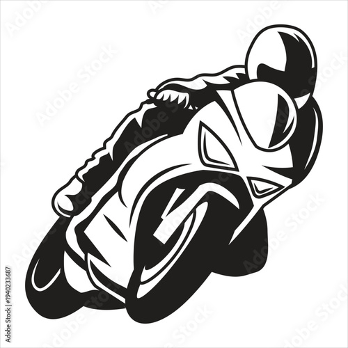 Minimalist black and white motorcycle rider leaning into sharp corner
