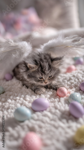 Easter festival kitten wing feather egg pastel carpet scene with fluffy tabby kitten resting under angel wings among colorful egg soft light cozy home holiday concept