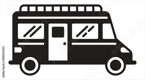 Black and white icon of a camper van with a roof rack on a white background