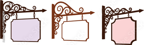 Set of three vintage wrought iron hanging signs with decorative scrolls and blank boards isolated on a white background mockup.