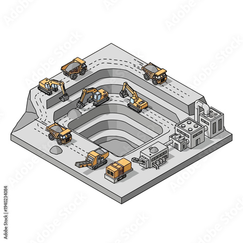 Isometric illustration of construction site with various heavy machinery and equipment.