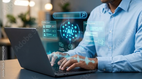 Wallpaper Mural AI, customer support, technology, laptop, business, machine learning, future. Professional managing automated customer service with advanced digital interface and chat responses. Torontodigital.ca