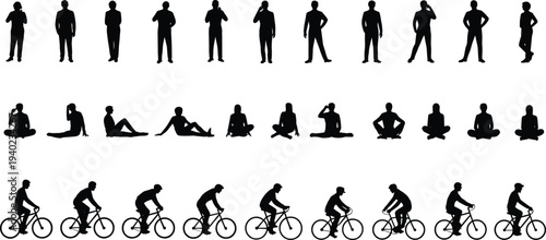 Collection of male human silhouettes showing standing poses, sitting positions and cycling actions, isolated vector set for sport, lifestyle, activity illustration design