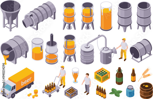 Isometric beer brewing illustration with brewery equipment fermentation tanks bottles delivery truck workers barley hops and craft beer production set