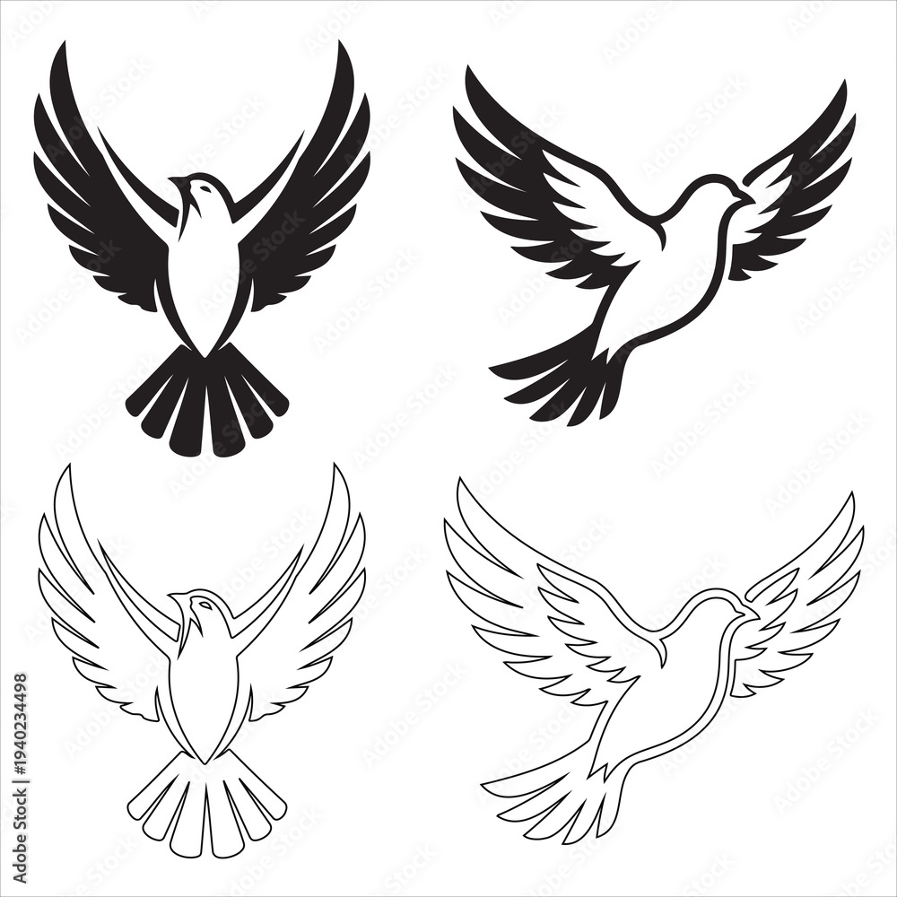 Fototapeta premium Minimalist black-and-white illustration of a dove in flight with wings spread wide, symbolizing peace, freedom, and spirituality. Perfect for use in cultural, religious, and artistic projects.