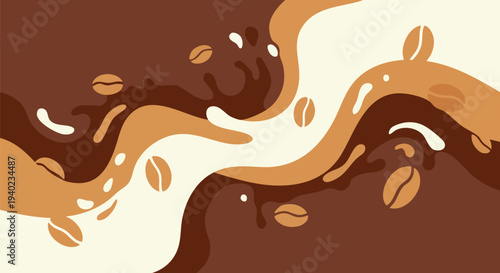 Abstract Coffee and Chocolate Swirl Background Vector Illustration with Coffee Beans and Splashes, Ideal for Cafe Menus, Food Packaging, or Beverage Marketing Designs