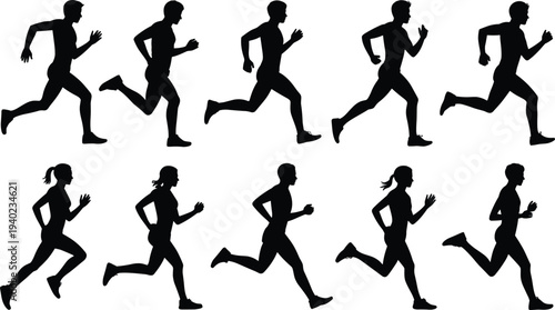 Running men and women silhouettes collection, jogging athletes in different motion poses isolated black vector set for marathon training, fitness sport illustration