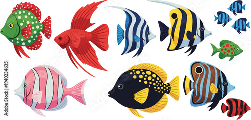 Colorful tropical fish collection, exotic aquarium sea animals, vibrant underwater marine life set, ocean wildlife design, flat vector illustration