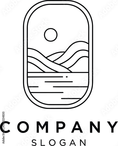 Minimalist company logo with mountain landscape and sun