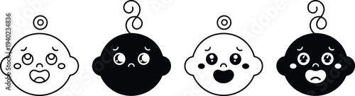 Cute baby face icons set, cartoon infant expressions collection, adorable newborn character heads, children emotion illustration pack, flat vector illustration