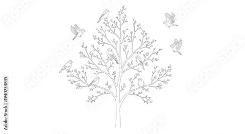 Continuous Line Art Drawing of a Tree with Sparse Foliage and Birds Flying on an Isolated White Background, Minimalist Nature and Flight
