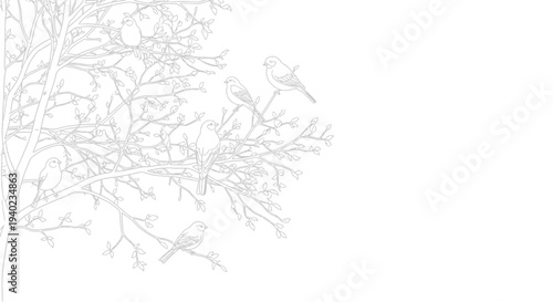 Continuous Line Art Drawing of Tree Branches with Perching Birds on an Isolated White Background, Minimalist Wildlife and Nature Scene