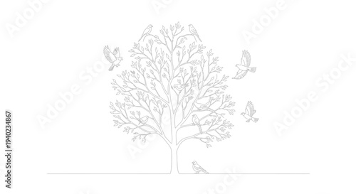 Continuous Line Art Drawing of a Bare Tree with Birds Flying on an Isolated White Background, Minimalist Nature and Wildlife Illustration