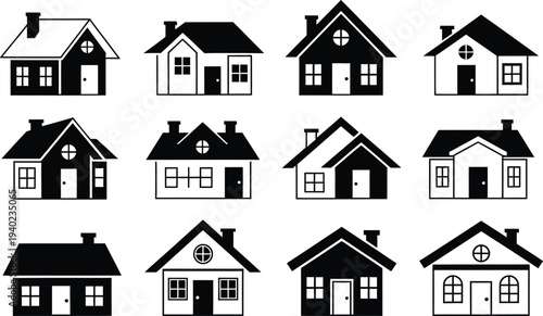 Collection of 12 different black and white house silhouettes