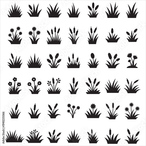 Grass and Cattail Reeds Silhouette Clipart