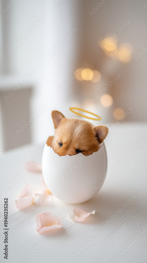 Obraz premium Puppy egg easter festival halo petal spring pastel scene with newborn dog peeking from cracked shell on white table soft bokeh light and gentle mood for holiday greeting