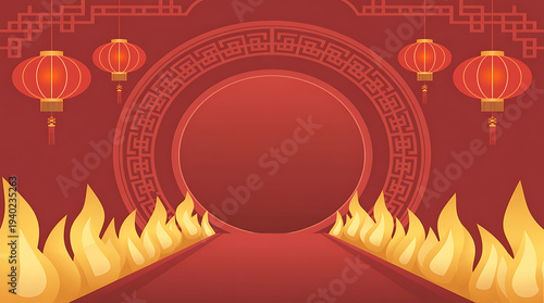Vibrant Chinese New Year background with lanterns, fire, and circular frame