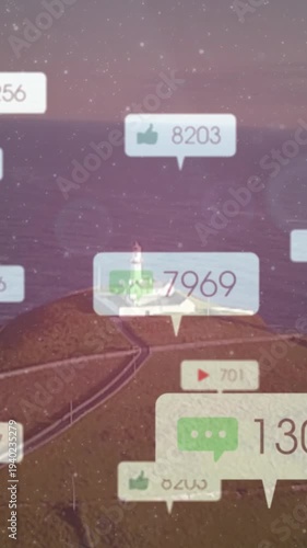 Vertical video: Counter popping lighthouse while bubbles moving over tower showing stats