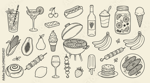 A vibrant collection of hand-drawn food and drink icons, including desserts, fruits, and beverages, perfect for menu design, advertising, and branding purposes in a modern and playful style.
