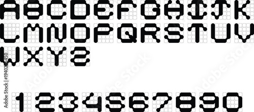 Abstract futuristic black alphabet with rounded corners and numbers set against a transparent background for modern technology themed designs
