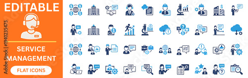 Service management and customer support flat icons collection. Call center, technical assistance, office building, business handshake, cloud computing