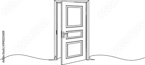 A simple line drawing of an open door with a white background and wavy lines at the bottom